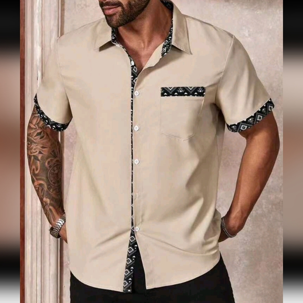 NWOT Manfinity Button Down Loose S/S Shirt w/ Geometric Print, 1X, Khaki… - Picture 4 of 6